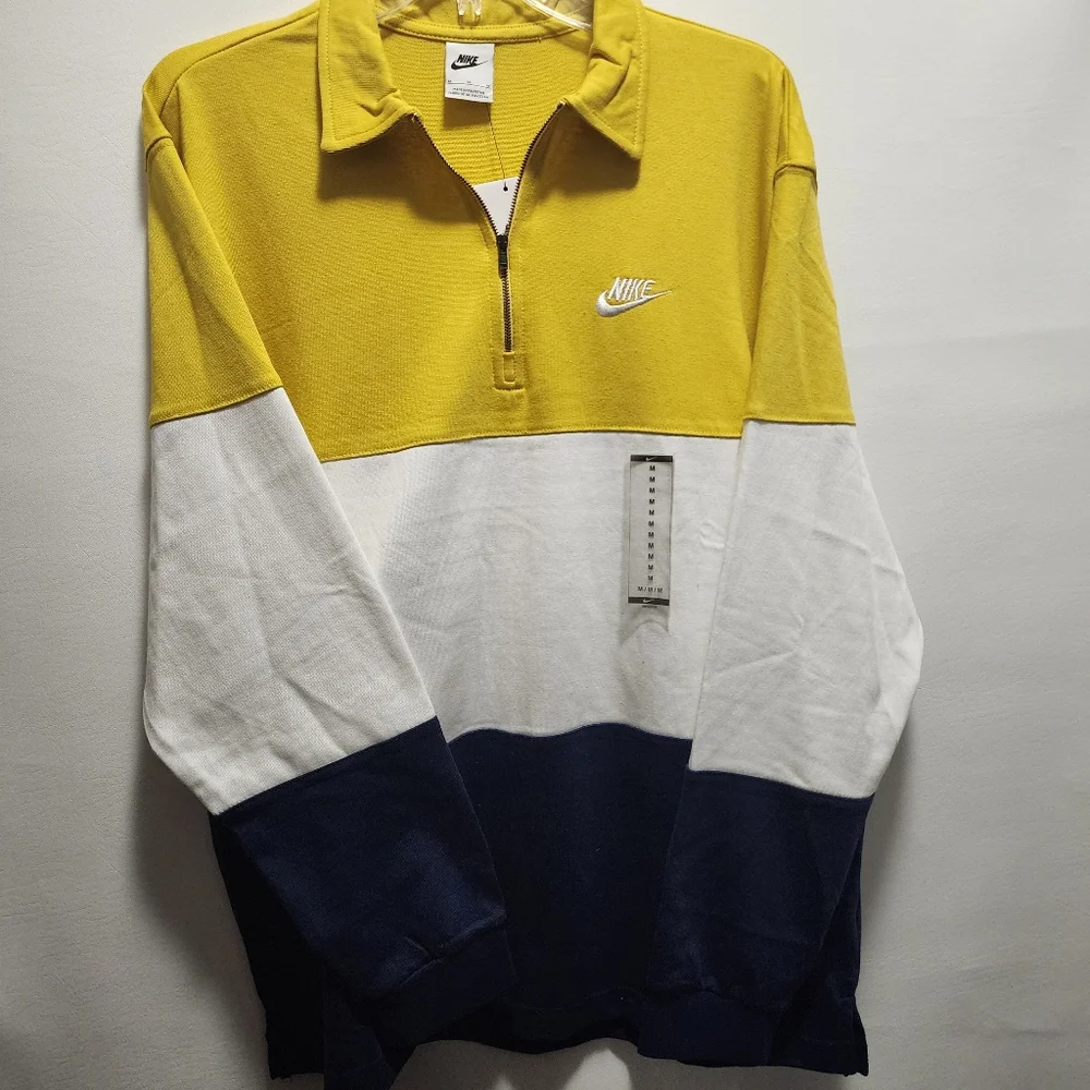 Nike Polo Shirt Long Sleeve 1/4 Zip Loose Fit Yellow Blue White Men's Medium NWT